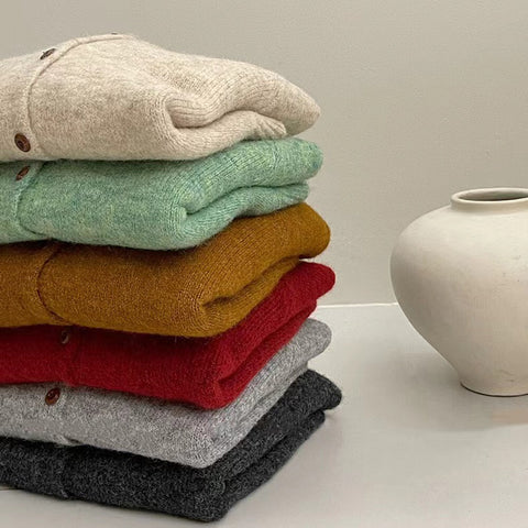 New high-necked wooden buckle long-sleeved plush cardigan jacket for women m302132