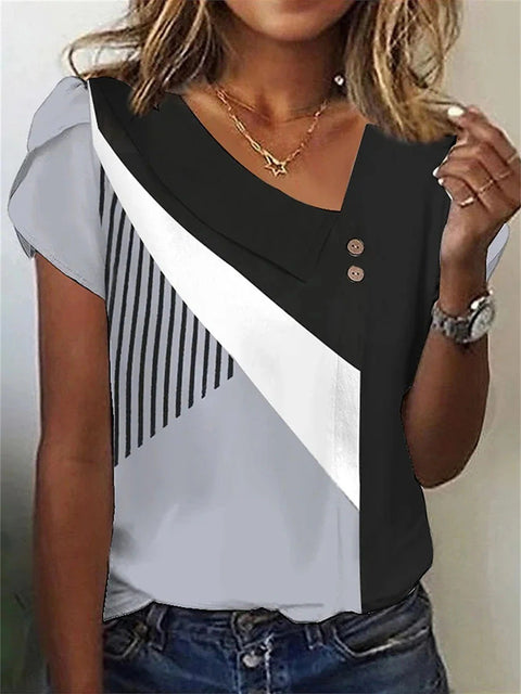 Women's short-sleeved top button V-neck m302369