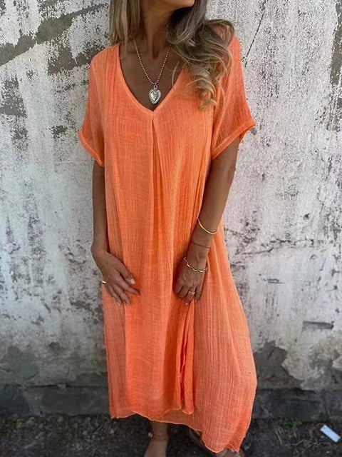 Fashion cotton and linen V-neck semi-formal dress m301062