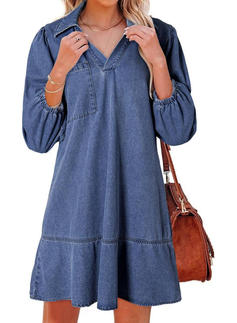 Women's casual doll V-neck seven-point bubble sleeve denim m302207