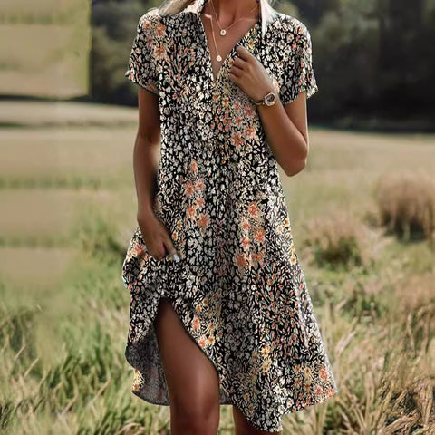 Crew neck short sleeve long dress bohemian print dress m300908