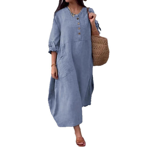 Women's Solid Color Crew Neck Cotton and Linen Long Sleeve Casual Double Pocket Button Long Dress m302717