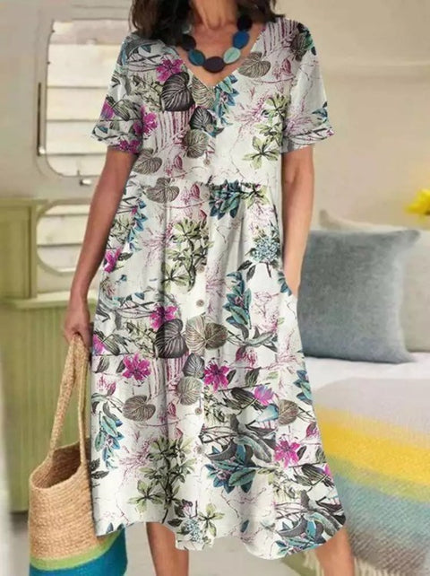 Summer printed cotton and linen retro ethnic style loose short-sleeved pendulum dress m301970