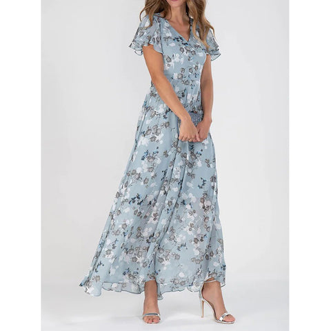 Beach pendulum long dress chiffon floral short-sleeved ruffle V-neck fashion waist dress m301342