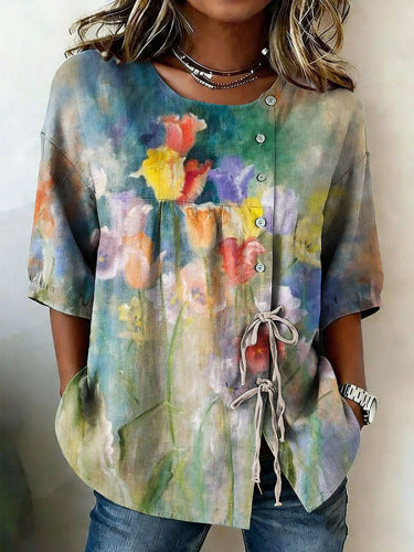 Color matching loose blouse five-button drawstring m302924