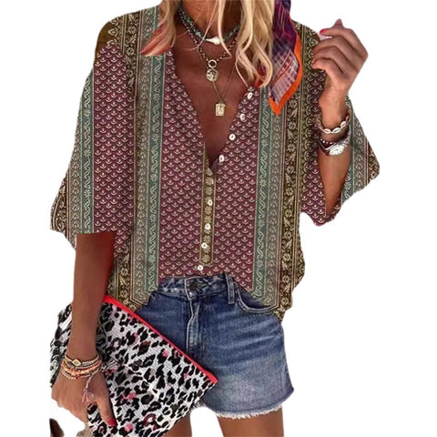 women's clothing stand-up collar loose button retro printed casual shirt m301723