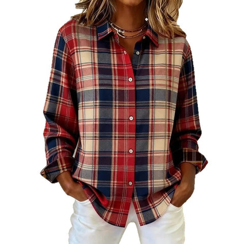 Long Sleeve Button Shirt Plaid Printed Women's Button Shirt FF303365