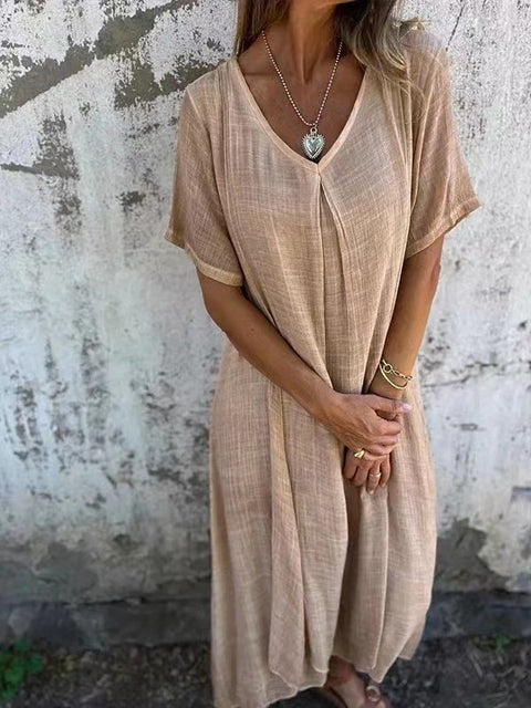 Fashion cotton and linen V-neck semi-formal dress m301062