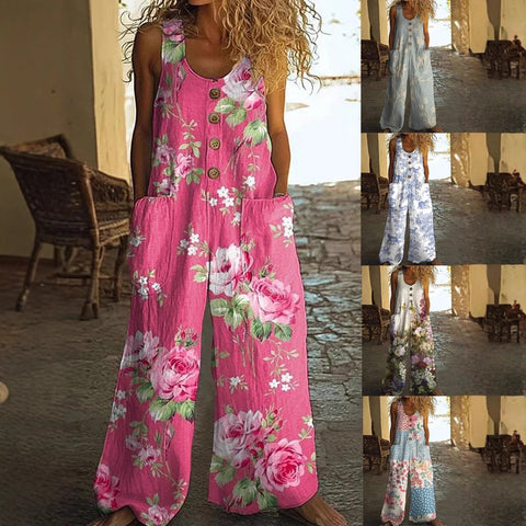 Casual sleeveless loose pocket overalls women's long jumpsuit m301435