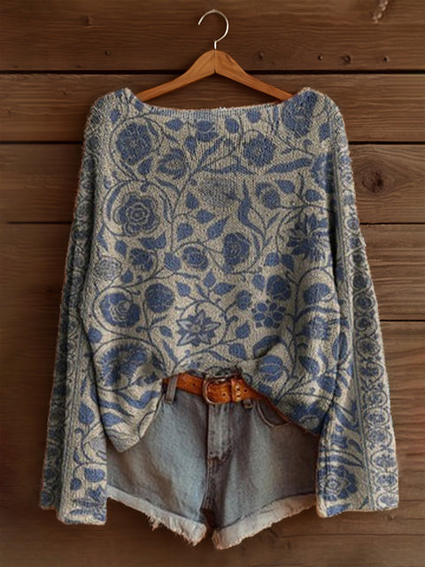 Vacation print casual cape top crew neck knitted sweater m302130