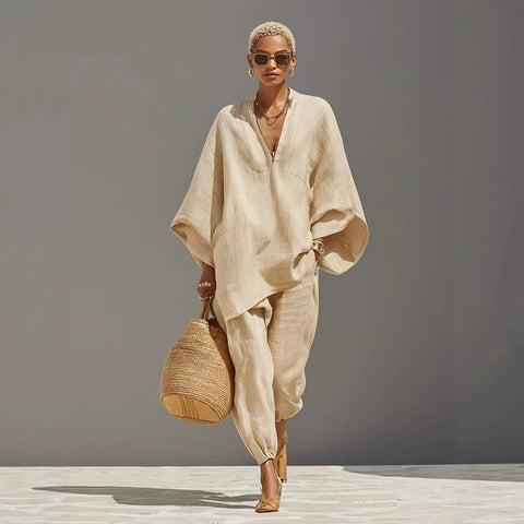 Women's casual style design bat sleeve V-neck lazy loose set m302386