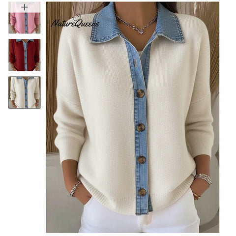 Unique denim splicing collar cardigan women's spring sweater small shirt slim long-sleeved top m302110