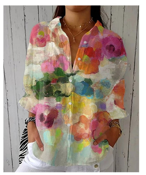 3D digital printing abstract pattern women's long-sleeved buckle linen shirt m301277