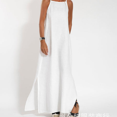 Fashion casual cotton and linen split suspender dress m302080