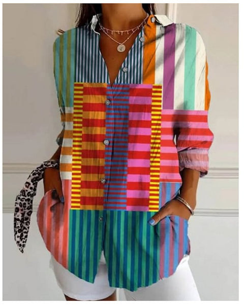 3D digital printing abstract pattern women's long-sleeved buckle linen shirt m302749 -2