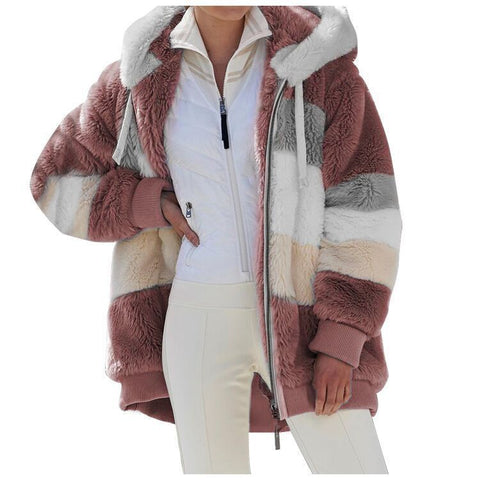 Warm plush patchwork zipper pocket hooded loose coat women m300611