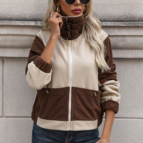 Women's autumn and winter new fleece zipper contrasting coat m300687