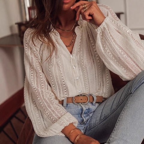 Solid color hollow loose long-sleeved top simple wind single row multi-button lining m301331