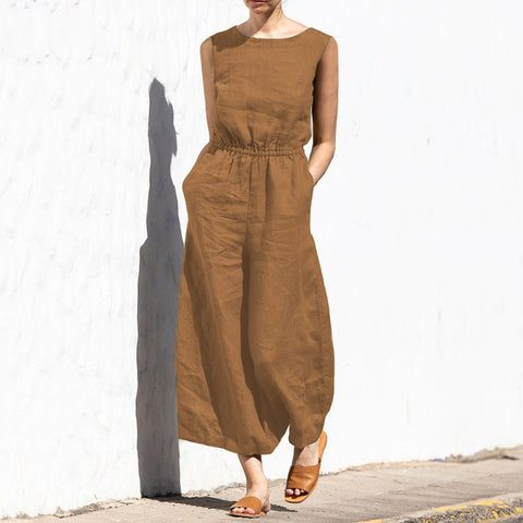 Summer solid color high waist sleeveless trousers women's fashion casual loose temperament jumpsuit m301893