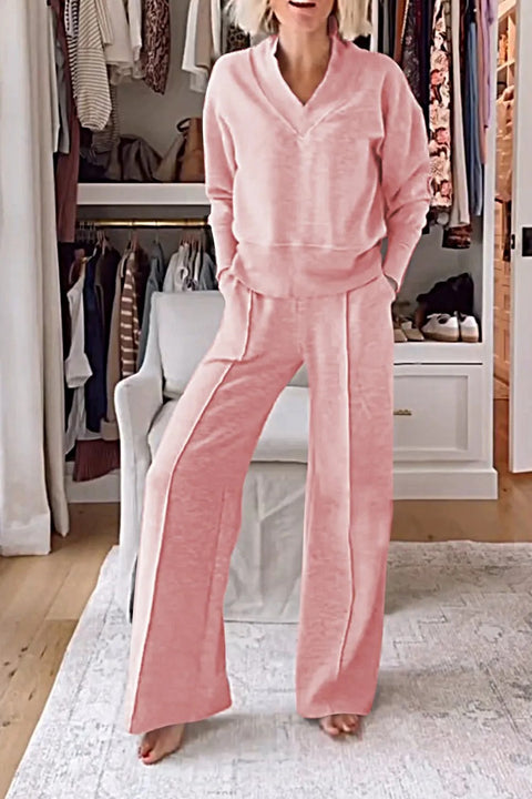V-neck long-sleeved loose top wide-leg pants two-piece set m301327