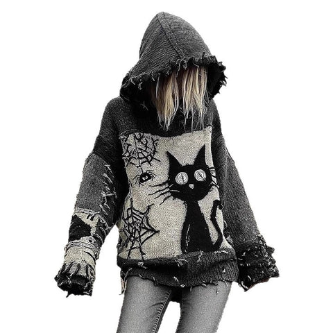 Autumn and winter loose hooded top casual shoulder retro women's printed sweater m302036