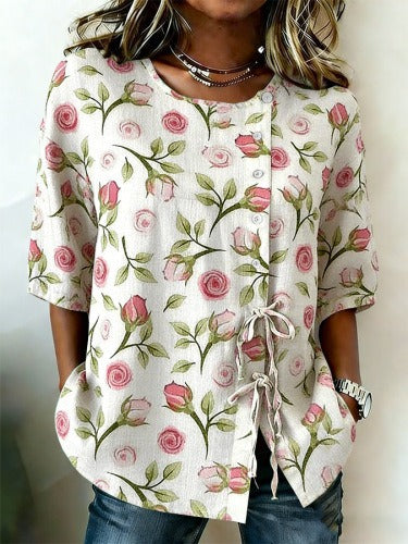 Temperament women's long-sleeved shirt printed top lace-up shirt m302925
