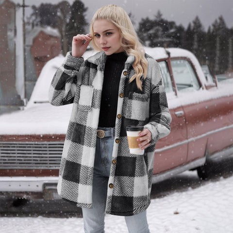 Autumn and winter new lapel plaid plush jacket large lapel versatile slim m301957