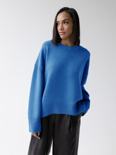 Women's knitted sweater crew neck solid color loose sweater m300667
