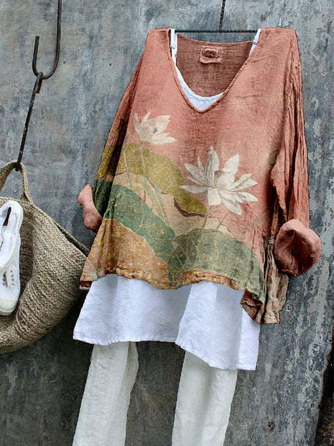 Long-sleeved printed casual pullover loose round neck single-piece T-shirt (without under shirt) m301042