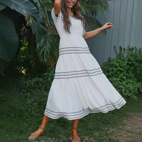 Long skirt short sleeve casual V-neck embroidered women's clothing m301524