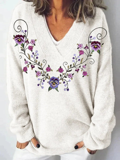 Autumn and winter imitation sweater printing foreign trade new women's pullover V-neck casual fashion long-sleeved top m302113