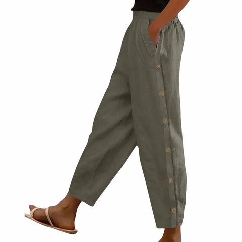 Side button pocket solid color mid-waist cotton and linen casual loose trousers m302831