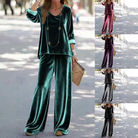 Casual V-neck pullover long sleeve plus trousers velvet multi-color women's suit FF303105