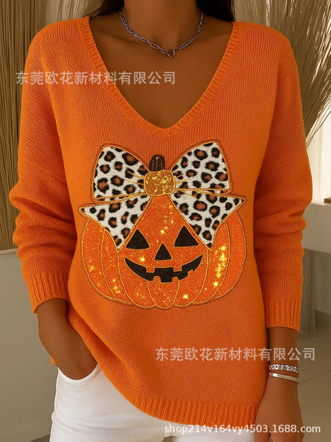 Halloween printed women's V-neck imitation sweater m302107