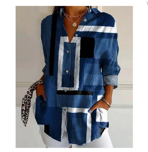 3D digital printing abstract pattern women's long-sleeved buckle linen shirt m302749 -2