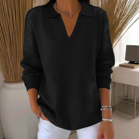 Digital printing women's lapel neck long-sleeved solid color knitted fleece sweater m302076