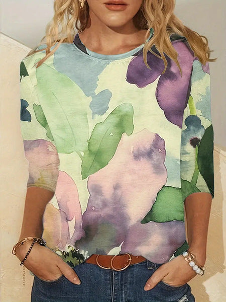 3D printed women's casual flower crew neck long-sleeved t-shirt top m301719