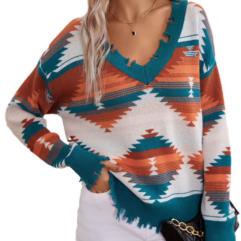 Aztec cut knitted sweater geometric pattern jacquard pullover V collar top long sleeve ethnic style m301953