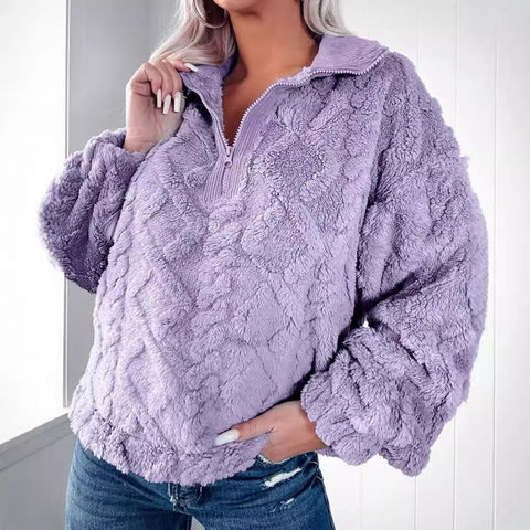 Simple solid color half zipper stand-up collar loose plush pullover m300436