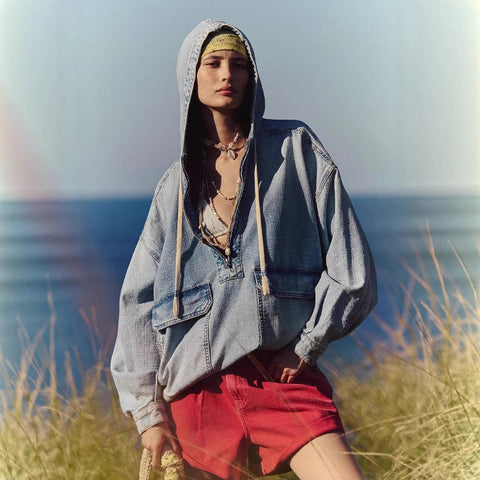 Fashion Loose Casual Wash Hooded Denim Long Sleeve Top m303253