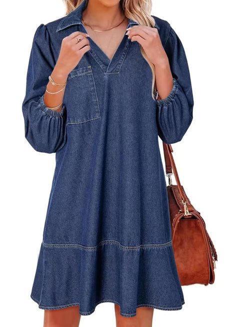 Women's casual doll V-neck seven-point bubble sleeve denim m302207