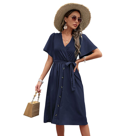 women's clothing horn sleeve waist lace-up dress m300852