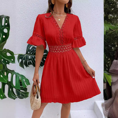 Splicing lace fashion V-neck waist solid color dress m300990