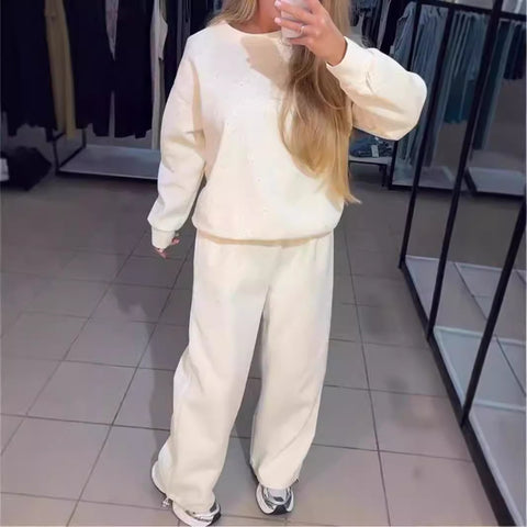 Women's casual round neck long sleeve full body hot diamond drawstring foot tie two-piece set m301499