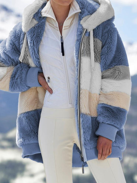 Warm plush patchwork zipper pocket hooded loose coat women m300611