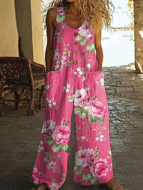 Casual sleeveless loose pocket overalls women's long jumpsuit m301435
