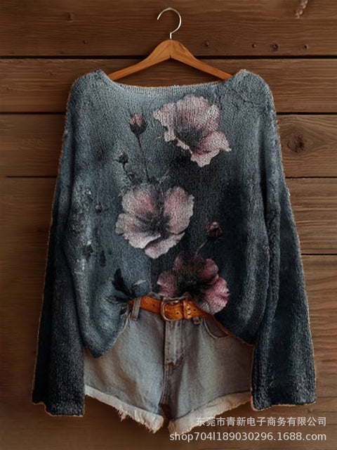 Vacation print casual cape top crew neck knitted sweater m302130