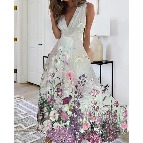 Women's new V-neck with lining high waist sleeveless printed sexy vest dress m301267