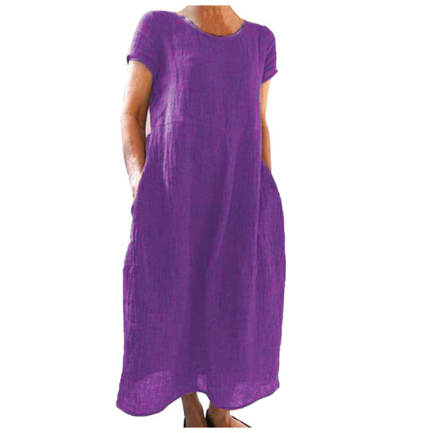 Solid color retro loose cotton and linen dress m301060