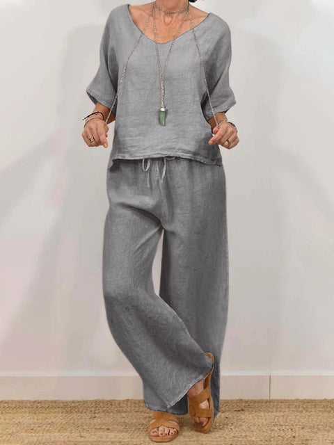 Casual V-neck pullover five-quarter sleeves plus trousers multi-colored women's two-piece set m301430